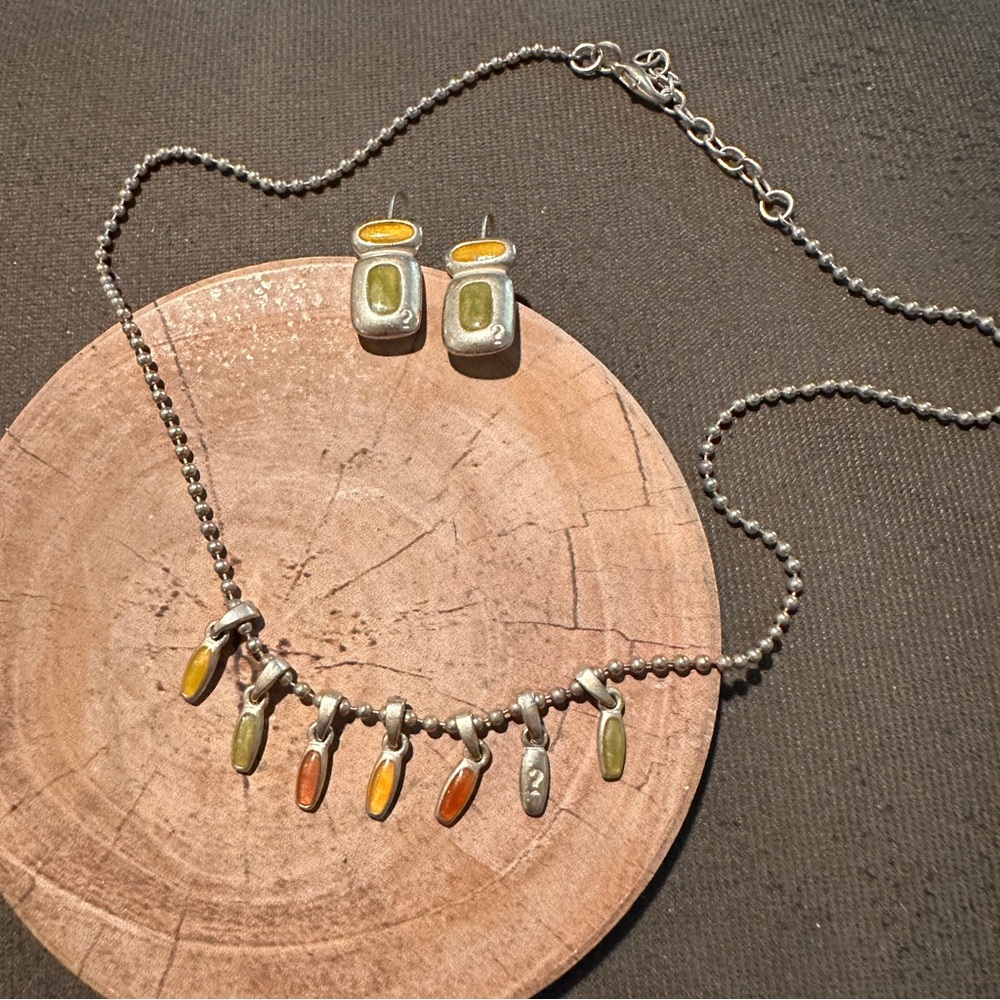 Guess Silver toned Necklace and Earring Set with Multicolor Accents